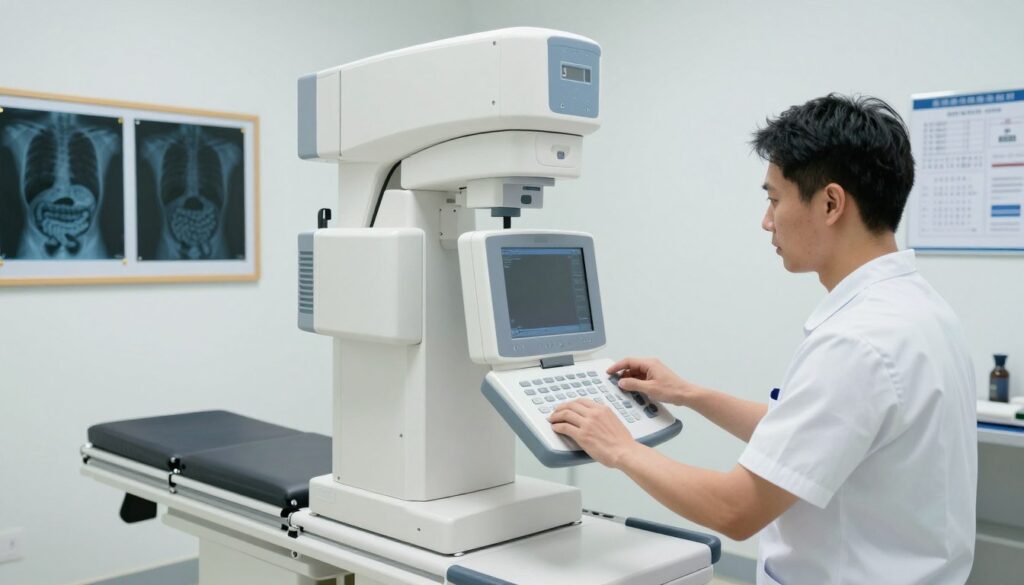 A clinical radiology room showcasing an RTG (X-ray) machine focused on the human abdomen. In the foreground, a technician in professional attire adjusts the machine settings, displaying a look of concentration. The middle ground features a clean, bright X-ray room with a comfortable examination table and X-ray images pinned on a bulletin board, showing silhouette outlines of the abdomen and digestive organs. The background includes medical equipment and charts hanging on the walls, softly illuminated by fluorescent lighting, creating a sterile yet inviting environment. The overall mood is professional and informative, suitable for a medical setting, emphasizing the importance of the radiological examination process.