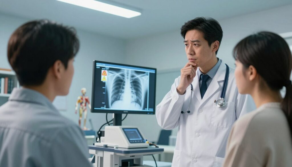 A clinical setting showcasing a healthcare professional explaining the concept of contraindications for chest X-rays. In the foreground, a doctor in a white lab coat, with a thoughtful expression, stands next to a patient who appears slightly concerned, both facing a digital screen displaying a diagram of a chest X-ray and highlighted warnings. In the middle ground, medical equipment and a radiology machine add depth, while a soft glow of overhead fluorescent lighting casts a sterile, professional ambiance. The background includes shelves of medical books and anatomical models, enhancing the educational atmosphere. Capture the scene with a balanced composition, slightly tilted angle for dynamism, emphasizing clarity and professionalism in a well-lit environment.
