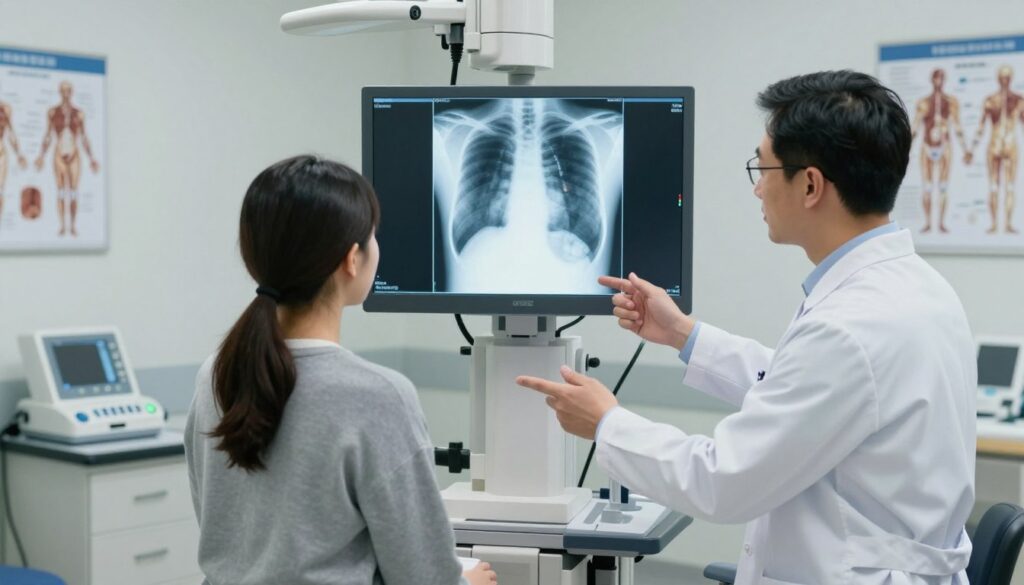 A clinical setting showcasing the step-by-step process of an abdominal examination using X-ray imaging techniques. In the foreground, a medical professional in a white lab coat is positioned next to an X-ray machine, attentively explaining the procedure to a patient wearing modest casual clothing. The middle ground features a large, illuminated X-ray display showing a detailed image of the abdominal area, emphasizing the areas typically examined for diagnosis. The background includes a clean, well-organized examination room with medical equipment and anatomical charts on the walls. Soft, sterile lighting enhances the scene, creating a professional and reassuring atmosphere, captured from an eye-level angle to provide an immersive view of the examination process.