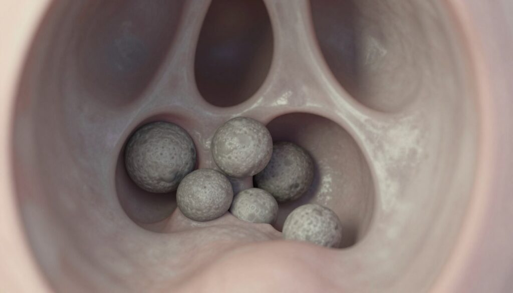 A close-up imaging perspective of a human sinus cavity, showcasing detailed anatomical structures affected by sinusitis. In the foreground, depict multiple grayish, irregularly shaped polyps protruding from the mucosal lining of the sinuses, illustrating inflammation and abnormal growths. The middle ground should feature the sinus walls, with subtle textures and shades indicating thickening and changes in the mucosa. The background should provide a soft-focus representation of surrounding sinus structures, such as the nasal passages and air cells, to give contextual depth. Use soft, diffused lighting to create a medical, clinical atmosphere, highlighting the surfaces of the polyps while maintaining a sterile feel. The overall color palette should consist of muted grays and pale hues, evoking a sense of professionalism and precision.