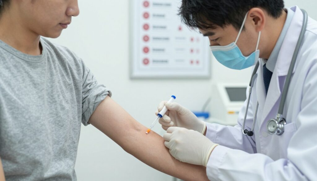 A close-up view of a healthcare professional conducting a tuberculin test, showcasing the injection process on a patient's forearm. The doctor, dressed in a white lab coat with a stethoscope around their neck, is focused and attentive, emphasizing the importance of the procedure. The patient, wearing modest casual clothing, appears calm and cooperative, facilitating a professional atmosphere. In the background, a well-lit medical clinic setting is visible, with charts and educational posters related to tuberculosis awareness. The lighting is soft but bright enough to highlight details, capturing the earnestness of this preventive health measure. The angle is slightly elevated, providing a comprehensive view of the interaction while keeping the focus on the tuberculin test. The mood is clinical yet approachable, fostering a sense of trust and care in medical practice.