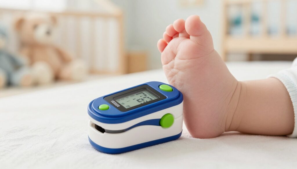 A close-up view of a pediatric pulse oximeter designed for infants, featuring bright, child-friendly colors like blue and green. The device is attached to a small baby's foot, illustrating its use in monitoring oxygen saturation. The foreground captures the pulse oximeter’s display showing clear numeric readings. In the middle ground, a soft and cozy nursery setting, with plush toys and soft lighting, creates a warm atmosphere. The background includes a softly blurred view of the room, ensuring the focus remains on the pulse oximeter. The lighting is bright yet gentle, enhancing a feeling of safety and care. The overall mood conveys vigilance and health monitoring for infants.