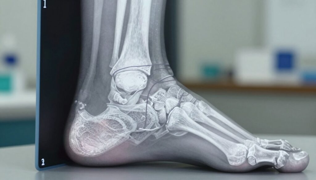 A close-up view of an ankle joint in an X-ray image, showcasing the intricate structure of bones and ligaments. The foreground features a detailed representation of the talus, fibula, and tibia, highlighting areas commonly injured in sprains. In the middle, there's a subtle emphasis on the surrounding soft tissue, revealing the potential for swelling or damage. The background is softly blurred to mimic a clinical setting, with muted colors and gentle lighting to ensure focus on the ankle itself. The image should have a clear, sharp focus reminiscent of medical imaging, evoking a professional and informative atmosphere suitable for a medical article.