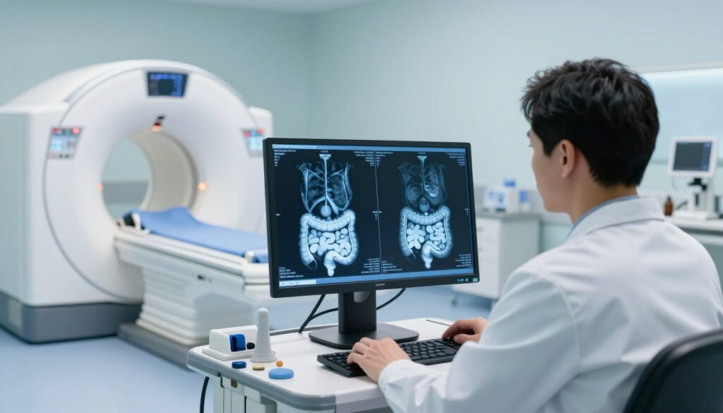 A comprehensive scene depicting the diagnostic imaging range of the gastrointestinal tract. In the foreground, a radiologist in professional attire examines advanced imaging scans displayed on a digital screen, showcasing detailed contrast-enhanced X-rays of the digestive system. In the middle ground, various imaging machines, such as a CT scanner and MRI machine, are visible, emphasizing their role in diagnostics. The background features a clean, well-organized medical environment, illuminated by soft lighting to create a calm atmosphere. The color palette should be composed of soothing blues and whites, enhancing the professional mood of a modern medical facility. The camera angle captures both the radiologist's concentration and the intricate details of the images being analyzed.