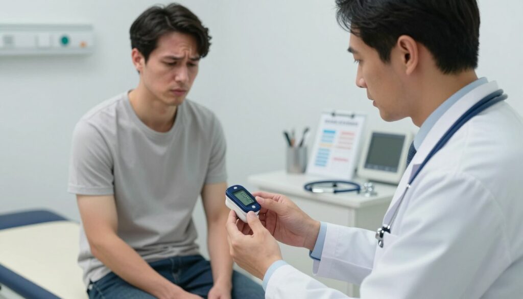 A concerned healthcare professional in a medical examination room, examining a patient who appears fatigued and pale, showing signs of oxygen deprivation. The foreground features the doctor in a white coat, looking intently at a digital pulse oximeter reading, illustrating low saturation levels. The patient, wearing a simple shirt, sits on an examination table, visibly anxious. The middle ground includes medical equipment like a stethoscope and charts on a nearby desk. The background is softly lit with clinical lighting, creating a serious yet professional atmosphere. The overall mood conveys urgency and the importance of recognizing symptoms of hypoxia, emphasizing a professional healthcare setting.