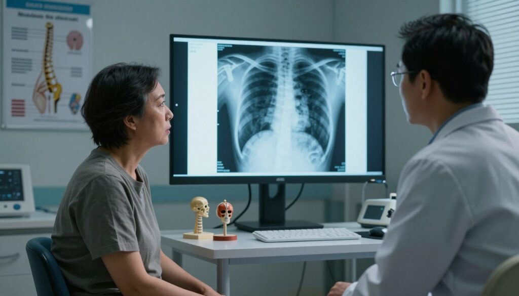 A concerned patient sitting in a medical examination room, looking at an X-ray displayed on a screen, which exhibits alarming signs in the spine, emphasizing discomfort. The foreground features the patient, a middle-aged person, dressed in modest casual clothing, with a worried expression. In the middle, the X-ray image zooms in on the thoracic and lumbar regions, showcasing irregularities like suspicious dark spots or misalignments. The background includes medical posters about spine health, a physician's desk with anatomical models and diagnostic equipment, under dim, focused lighting that creates a serious and contemplative mood, suggesting the need for deeper diagnostic evaluation. The angle is slightly elevated, providing a clear view of both the patient and the X-ray display.