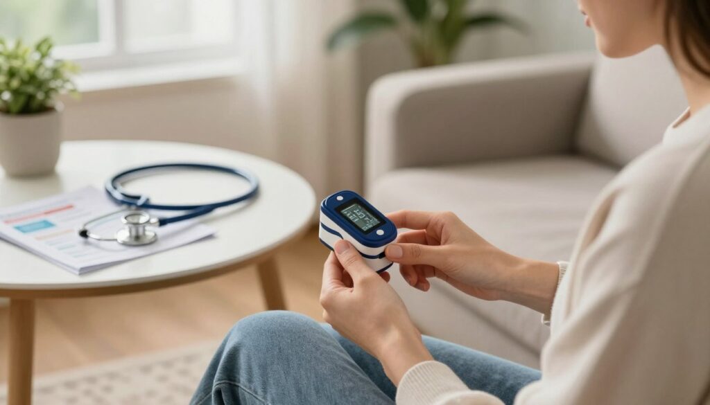 A cozy, well-lit home environment featuring a person in smart casual clothing sitting comfortably on a sofa, attentively using a portable pulse oximeter on their fingertip. In the foreground, the device displays bright, clear numbers indicating oxygen saturation levels. The middle ground showcases a table with medical supplies like a stethoscope and informational health pamphlets. Soft natural light streams through a window, creating a warm atmosphere that suggests comfort and reassurance. The background includes plants for a calming effect. The scene embodies an attentive and proactive approach to health monitoring, ideal for illustrating home health management.