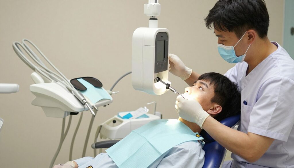 A dental clinic setting where a patient is being prepared for a radiographic procedure. In the foreground, the patient, dressed in a modest hospital gown, sits in a dental chair with a focused expression, while an attentive dental assistant carefully adjusts the X-ray machine. In the middle, various dental equipment, including an X-ray cone and protective lead apron, are visible on a nearby counter. The background features soft illumination from overhead lights, creating a sterile yet inviting atmosphere. The scene conveys professionalism, highlighting patient safety and comfort, with a warm color palette to alleviate anxiety. The camera angle is slightly elevated, providing a clear view of the interaction between the patient and dental staff.