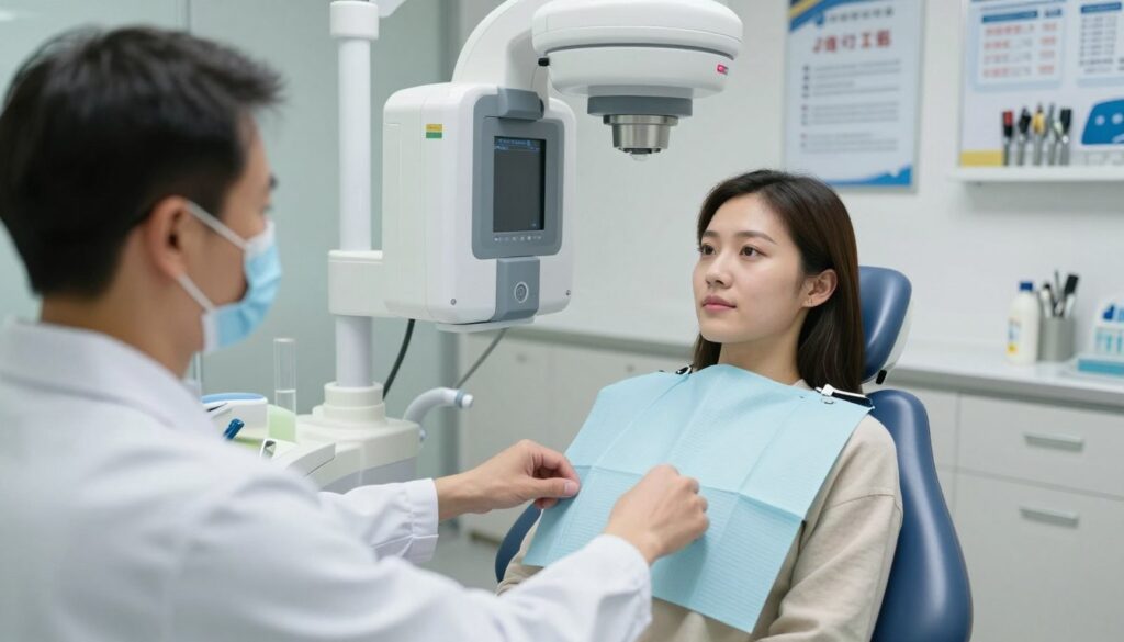 A dental office setting focused on preparing for a pantomogram X-ray. In the foreground, a dental professional in a lab coat adjusts a lead apron on a patient seated in a dental chair. The patient, wearing modest casual clothing, looks calm and attentive. The middle ground showcases dental imaging equipment, including a modern X-ray machine with visible controls and a light panel displaying instructions. In the background, dental posters and tools are organized on the walls, enhancing the clinical atmosphere. Soft, bright lighting illuminates the scene, highlighting the professionalism of the environment. The overall mood is reassuring and informative, emphasizing the importance of preparation for dental X-rays.