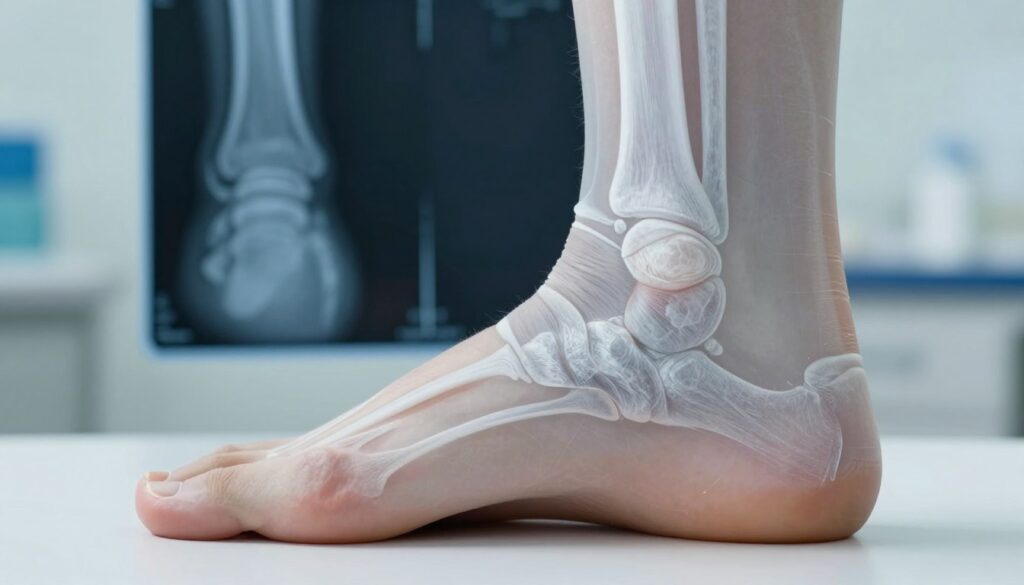 A detailed X-ray image of a Haglund's deformity on a heel, showcasing the characteristic prominence of the bone at the back of the heel, in clear focus. In the foreground, a realistic representation of the foot positioned in a way that highlights the abnormal growth. The middle layer includes the X-ray film, displaying the bones and soft tissue clearly for medical examination. The background is softly blurred to emphasize the subject while maintaining a clinical setting, with subtle lighting that brings out the details in the X-ray. The mood is professional and analytical, suitable for medical diagnostics, with a sterile, clean environment that supports the healthcare theme.