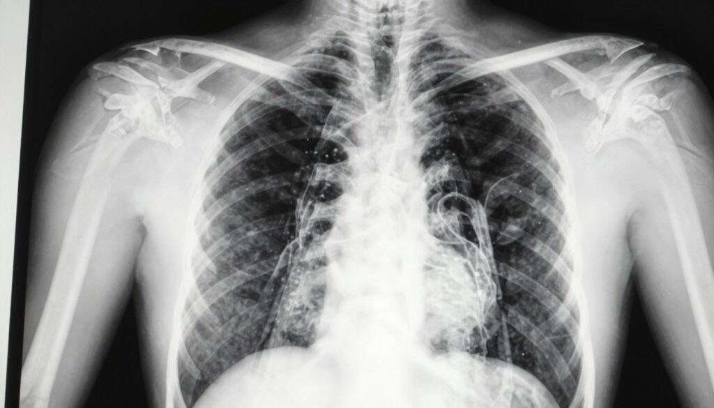A detailed X-ray image of a human chest, prominently featuring signs of atelectasis (niedodma). In the foreground, the central focus is on the lungs, showing distinct areas of opacity indicating collapsed lung tissue. The ribs and spine are visible, providing anatomical context. In the middle layer, subtle variations in lung density illustrate the affected regions, with a contrast in shading to emphasize the differences. The background has a soft gradient, creating a clinical atmosphere, mimicking a medical environment. The lighting is bright, emphasizing the clarity of the X-ray imagery. The overall mood is educational and informative, suitable for a medical audience. The composition excludes any text, ensuring a clear visual representation of the subject matter.