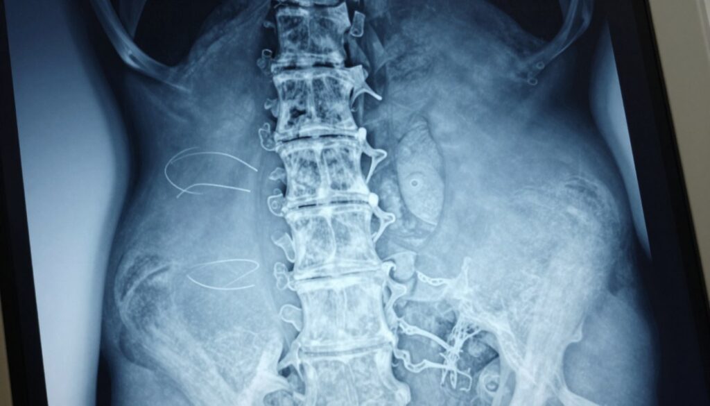 A detailed X-ray image of a human spine, showcasing a clear view of vertebrae and intervertebral discs. The foreground should highlight the lumbar region with subtle shadows to emphasize depth and detail in the bone structure. The middle layer includes faint outlines of potential herniated discs, represented by a slight bulging effect, to illustrate the concept of discopathy. In the background, a soft blue gradient creates a clinical and professional atmosphere, suggesting a medical examination setting. The lighting is soft yet focused, simulating the illumination from a medical imaging device, enhancing the clarity of anatomical features. The camera angle is slightly angled from above, capturing the spine in a realistic and informative perspective.