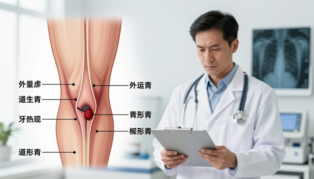 A detailed anatomical illustration of male anatomy highlighting signs of penile fracture. In the foreground, an annotated diagram showcasing the key characteristics and symptoms, including swelling, bruising, and potential deformity. The middle ground features a medical professional in a white coat, holding a clipboard, depicting a serious expression while examining charts. The background is a clinical setting with medical equipment and an X-ray image displaying the injury. Bright, clinical lighting emphasizes the medical context, creating an informative and serious atmosphere. The image should be realistic and educational, suitable for a medical article, without any text or annotations.
