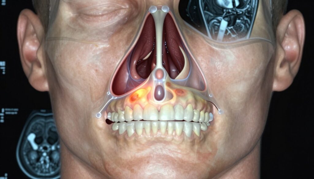 A detailed anatomical illustration of the maxillary sinus, highlighting the sinus cavity and surrounding structures. In the foreground, focus on a transparent view of the maxillary sinus with illuminated details to emphasize potential tumor changes. The middle ground should depict realistic representations of the surrounding facial anatomy, including the lower jaw and nasal cavity for context. In the background, subtle illustrations of common imaging techniques like X-rays or MRI scans should give a scientific feel without distracting from the main focus. Use soft, clinical lighting to maintain a professional atmosphere, ensuring sharp details and clarity that convey a sense of medical accuracy. The overall mood should be serious and informative, ideal for a medical article.