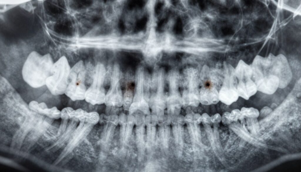 A detailed and close-up view of a dental X-ray, showcasing dark spots indicative of dental decay or inflammation near the root of teeth. The foreground focuses on the intricate details of the teeth, highlighting the contrast between healthy and affected areas. In the middle ground, enhance the clarity of the dark patches, emphasizing their significance in dental diagnosis. The background should be softly blurred to maintain focus on the X-ray image, simulating a clinical atmosphere. Use soft, diffused lighting to create a subtle shadow effect, evoking a sense of professionalism and seriousness. The overall mood should be informative and precise, suitable for a medical context, without any text or overlays.