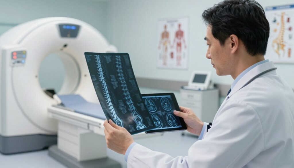 A detailed and informative image illustrating spinal imaging diagnostics. In the foreground, display a high-resolution X-ray image of the lumbar spine, showcasing vertebrae alignment and any potential abnormalities. In the middle ground, a radiologist in professional business attire examines the X-ray, using a digital tablet to analyze additional diagnostic images depicting MRI scans. The background should feature a well-organized hospital environment with medical equipment like a CT scanner and anatomical charts of the human spine. Soft, clinical lighting enhances details, with a slight focus blur on the background to emphasize the foreground. The atmosphere should convey professionalism and careful analysis, suitable for a medical diagnostic context.