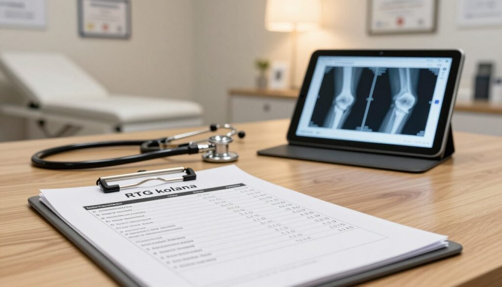 A detailed and professional price list (cennik stawu) for knee X-ray (RTG kolana) examinations displayed elegantly on a wooden table in a modern medical office. In the foreground, focus on a sleek, modern clipboard with neatly printed prices and categories such as "Initial Consultation," "Image Analysis," and "Follow-Up." The middle features a stethoscope and a digital tablet showing medical imaging software, symbolizing advanced technology in diagnostics. In the background, soft lighting casts a warm glow on neutral-toned walls adorned with medical certificates, conveying a calm and professional atmosphere. The scene should capture the essence of healthcare professionalism and transparency in pricing, inviting trust and understanding.