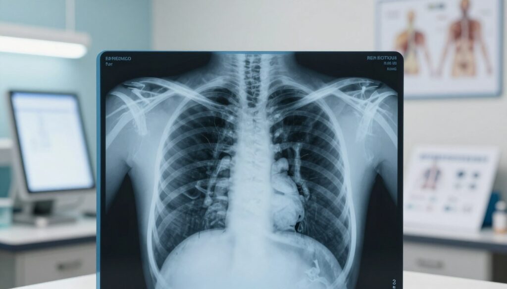 A detailed and realistic depiction of a chest X-ray, focusing on clarity and educational value. In the foreground, the X-ray image showcases the human ribcage, lungs, and heart, with clear visibility of anatomical structures and any notable features such as airways and vascular patterns. In the middle ground, consider a softly blurred medical environment, perhaps a radiologist's office, with medical equipment like a light box and charts. The background can include a subtle display of anatomical illustrations or textbooks regarding chest imaging, conveying a sense of professionalism and expertise. Use bright, even lighting to enhance visibility and clarity of the X-ray, giving the overall image an informative and engaging atmosphere. No people or text are included.