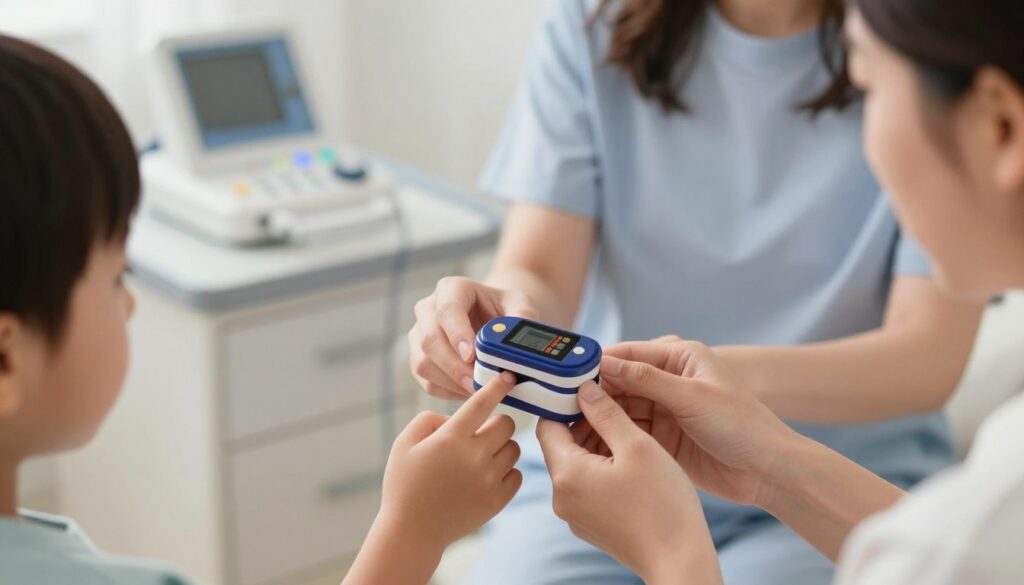 A detailed and realistic image of a pediatric pulse oximeter being used on a child's finger, showcasing the device's screen displaying healthy saturation levels. In the foreground, focus on the pulse oximeter with vibrant colors and clear details, emphasizing its digital interface. In the middle ground, depict a concerned yet comforting parent gently holding the child's hand, ensuring the atmosphere conveys care and attention. In the background, softly blurred medical equipment and a bright, welcoming consultation room suggest a pediatric clinic environment. Soft, natural lighting simulates a warm and reassuring atmosphere, with a focus on the interaction between the parent and child. Use a slightly elevated angle to capture the scene dynamically, enhancing the emotional connection without showing faces directly.