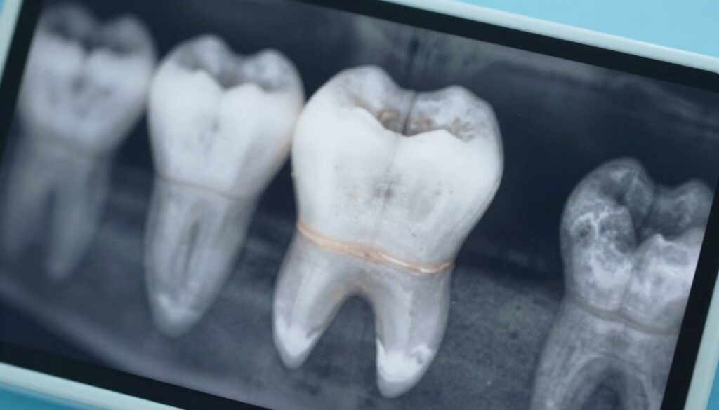 A detailed dental X-ray image showcasing a tooth in high resolution, illuminated with soft, even lighting to emphasize clarity. The foreground features the tooth in sharp focus, revealing intricate details such as decay spots and potential cavities. In the middle ground, the soft, blurred outlines of adjacent teeth provide context while ensuring the tooth remains the focal point. The background is a subtle gradient of blue, hinting at a clinical environment without distractions. The overall atmosphere conveys a sense of professionalism and safety, reflecting the importance of patient care in the dental field. The composition should use a slight overhead angle, reminiscent of a professional dental setting.