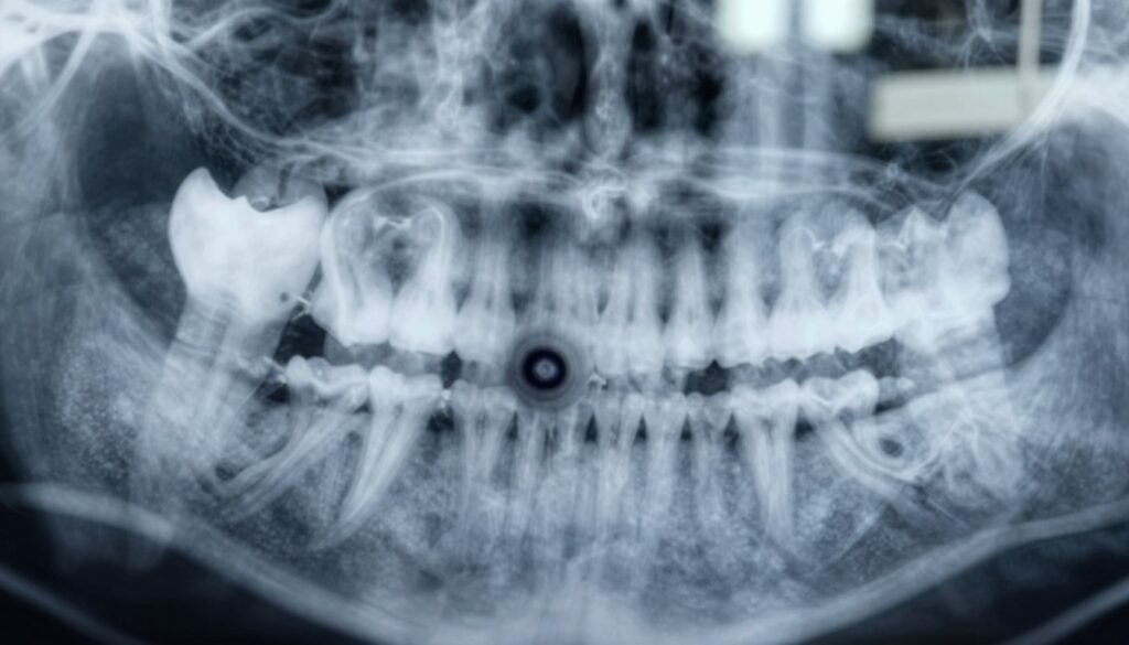 A detailed dental X-ray showcasing the clinical symptoms of a dental cyst, prominently featuring an enlarged periapical area around the root of a tooth. The foreground includes a clear close-up of the tooth and surrounding bone structure, highlighting the dark halo indicative of a cyst. In the middle ground, subtle shading emphasizes the contours of the jaw and teeth, while the background remains softly blurred, focusing the viewer's attention on the teeth. The lighting is bright and clinical, resembling an actual dental office with cool fluorescent tones. The atmosphere is informative and professional, aimed at educating viewers about the signs of dental cysts in radiographic images.