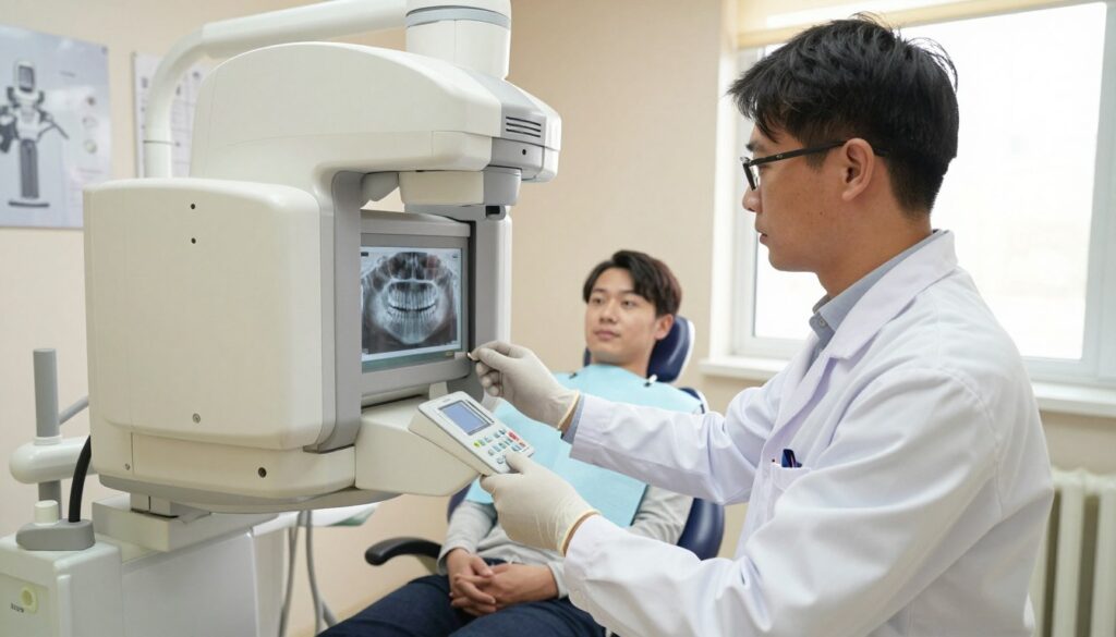 A detailed examination room for dental imaging, showcasing a dental x-ray machine specifically designed for panoramic dental radiography. In the foreground, a dental professional in a crisp white lab coat, wearing protective gloves and glasses, is adjusting the x-ray machine settings. In the middle ground, a patient seated comfortably in a dentist's chair, looking calm and relaxed, with a lead apron draped over them. The background features walls adorned with dental charts and a window allowing soft natural light to illuminate the room, creating a warm and inviting atmosphere. The image is shot from a slightly elevated angle to capture both the professional and the patient in focus, highlighting the importance of dental diagnostics in a modern healthcare setting.
