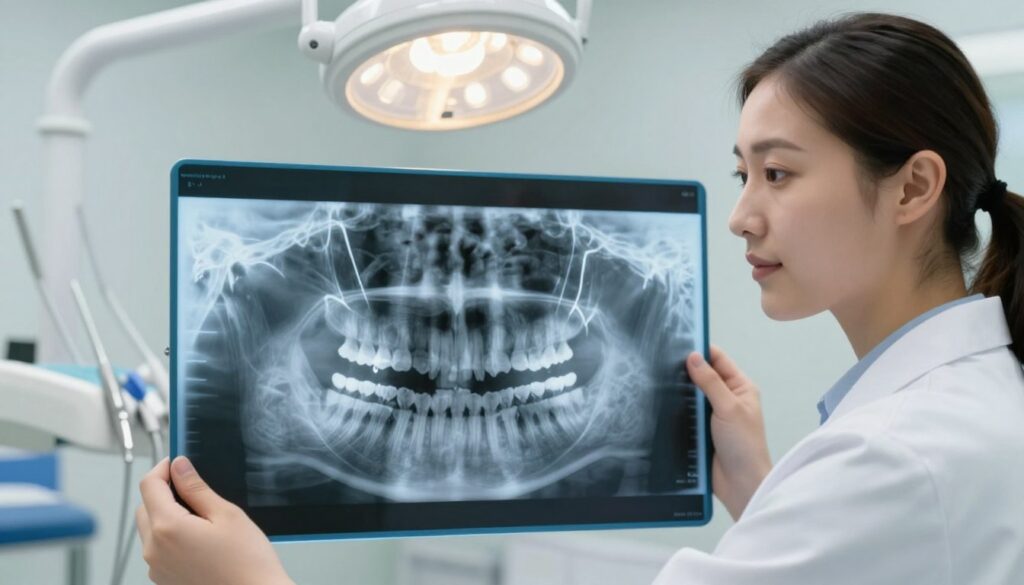 A detailed, high-quality image of a pediatric dental X-ray, showcasing the pantomogram of a child’s mouth. In the foreground, a clear digital representation of the X-ray shows milk teeth and developing permanent teeth with notable detail on their alignment and condition. The middle ground features a dentist in a sterile environment, wearing professional attire, examining the X-ray on a lightbox, with focused expression. The background includes various dental tools and equipment, softly blurred to emphasize the X-ray scene. The lighting is bright and clinical, casting soft shadows, creating an atmosphere of professionalism and care. The composition should be clear and informative, suitable for educational purposes in pediatric dentistry.