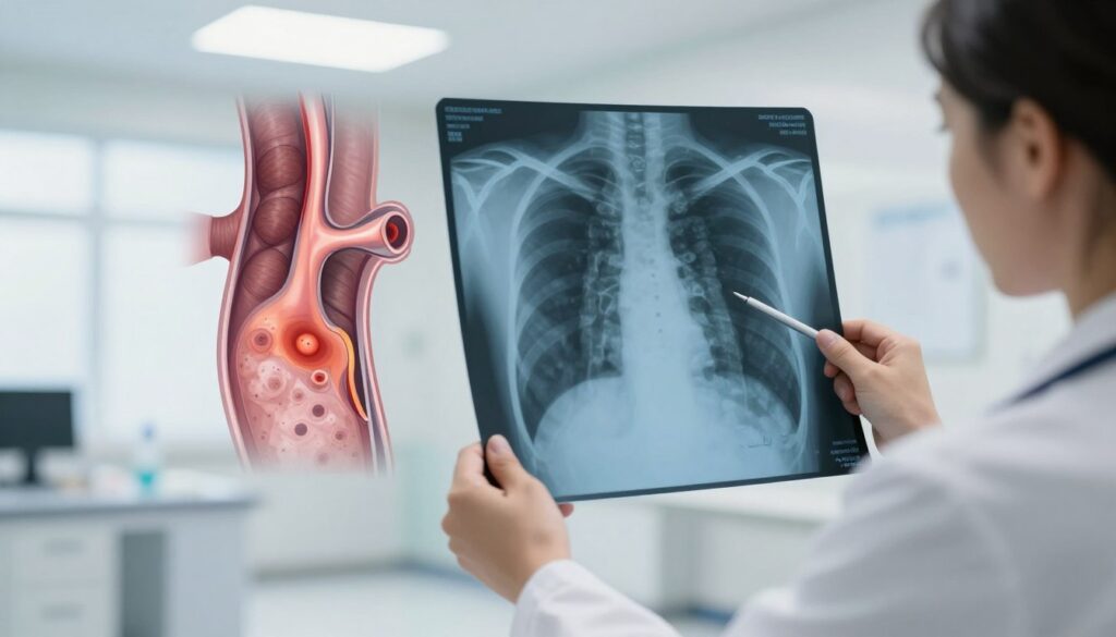 A detailed illustration depicting the clinical symptoms of aortic atherosclerosis. In the foreground, a professional medical practitioner examines a chest X-ray, highlighting the aorta's atherosclerotic changes with a pointer. In the middle ground, a digital representation of the aorta shows narrowing and plaque buildup, emphasizing atherosclerosis. The background features a bright, sterile medical environment with soft lighting, enhancing clarity and focus on the subject matter. Use a wide-angle lens effect to capture the depth of the medical setting while maintaining sharp focus on the practitioner and the X-ray. The overall atmosphere should convey a sense of urgency and professionalism, suitable for a clinical discussion about the implications of such conditions. No text or additional elements should distract from the main focus.