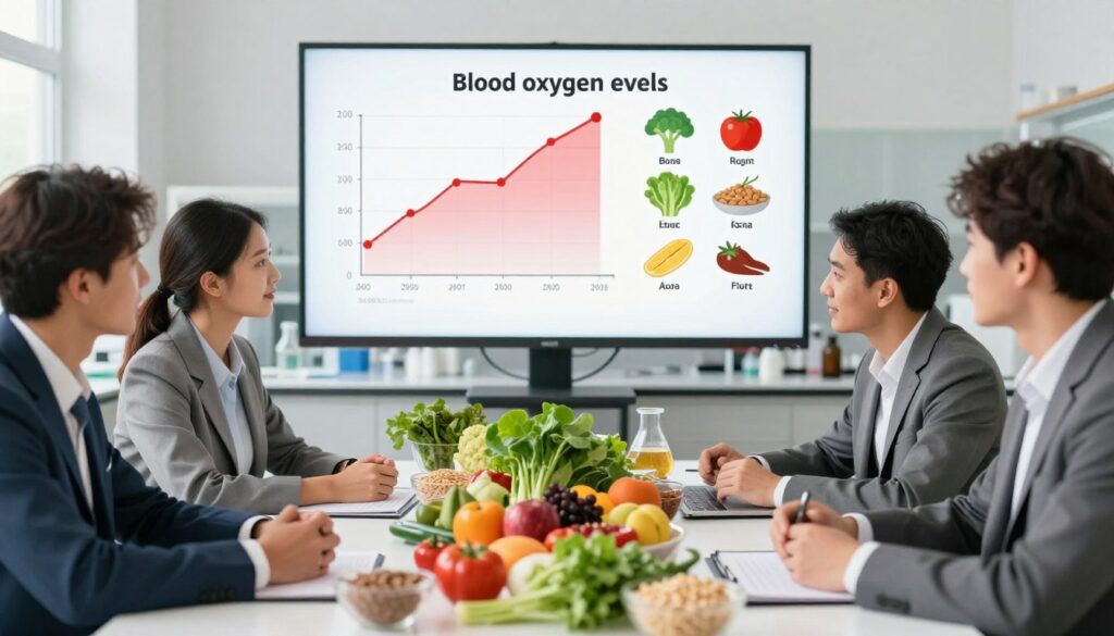 A detailed illustration depicting the concept of blood oxygen levels influenced by diet. In the foreground, a diverse group of individuals, dressed in professional business attire, are seen engaged in a vibrant discussion around a table filled with healthy foods such as leafy greens, fruits, and whole grains. In the middle ground, a stylized infographic is thoughtfully displayed, showcasing a blood oxygen saturation graph alongside visual representations of nutrient-rich foods. In the background, a light-filled laboratory setting enhances the atmosphere of research and health. The lighting is bright and natural, highlighting the freshness of the food and the engaged expressions of the individuals. The overall mood is informative and optimistic, suggesting a proactive approach to health through diet.