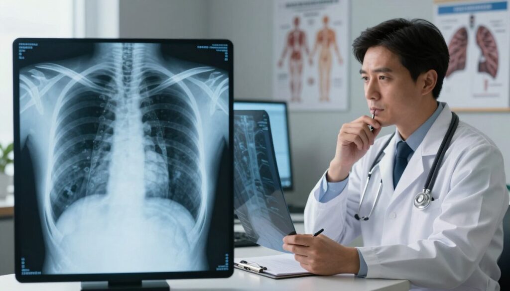 A detailed illustration of a chest X-ray interpretation scene, showcasing both front and lateral views of the human thoracic cavity, emphasizing the shadows and densities. In the foreground, a clear, professional chest X-ray displayed on a lightbox, highlighting abnormalities such as nodules and patterns that suggest possible medical conditions. In the middle ground, a focused medical professional in a white lab coat, examining the X-ray with a thoughtful expression, using a pointer to indicate areas of concern, while taking notes on a clipboard. The background should feature a softly lit medical office environment with anatomical posters and a digital screen displaying lung illustrations. The mood is serious and analytical, with soft lighting highlighting the details of the X-ray and the focused demeanor of the clinician.