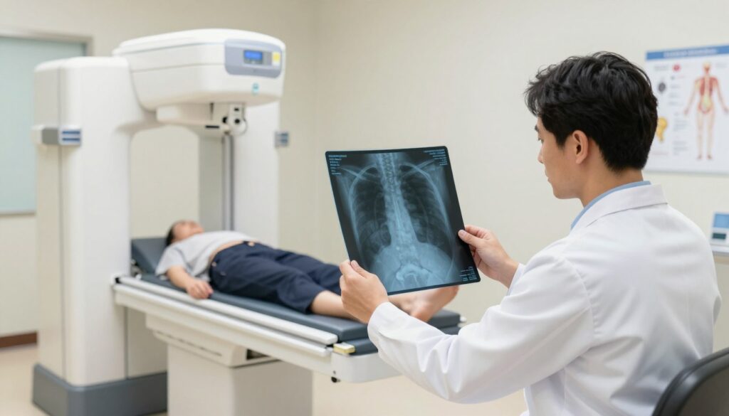 A detailed illustration of a healthcare setting focused on hip joint radiography precautions. In the foreground, a medical professional in a clean, white lab coat examines an X-ray image on a digital screen, emphasizing safety and patient considerations. The middle ground features a modern radiology room, equipped with an X-ray machine and a clear anatomical chart highlighting the hip joint structure and common contraindications for X-ray. In the background, soft lighting creates a calm, professional atmosphere, with neutral colors dominating the scene. The overall mood is informative and reassuring, conveying the importance of patient safety in medical imaging without any text or distractions.