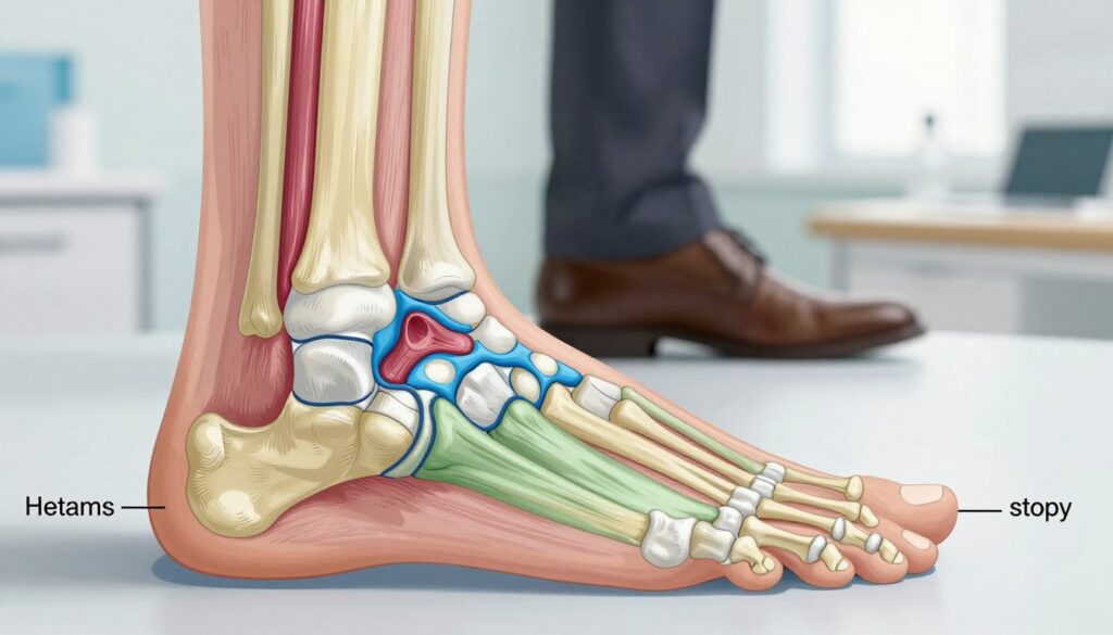 A detailed illustration of an anatomical diagram of the foot focusing on the metatarsal (stopy) area, showcasing the bones and structure in vibrant colors. In the foreground, clearly outlined bones of the metatarsal region are depicted, labeled for educational purposes. The middle ground features a semi-transparent overlay of a human foot in a professional position, wearing modest, business-appropriate footwear, emphasizing the importance of foot health. The background is softly blurred, featuring a clinical setting, such as a doctor's office or a medical examination room, illuminated by natural lighting creating a calm and informative atmosphere. A close-up perspective enhances the anatomical details, inviting viewers to engage with the subject matter.