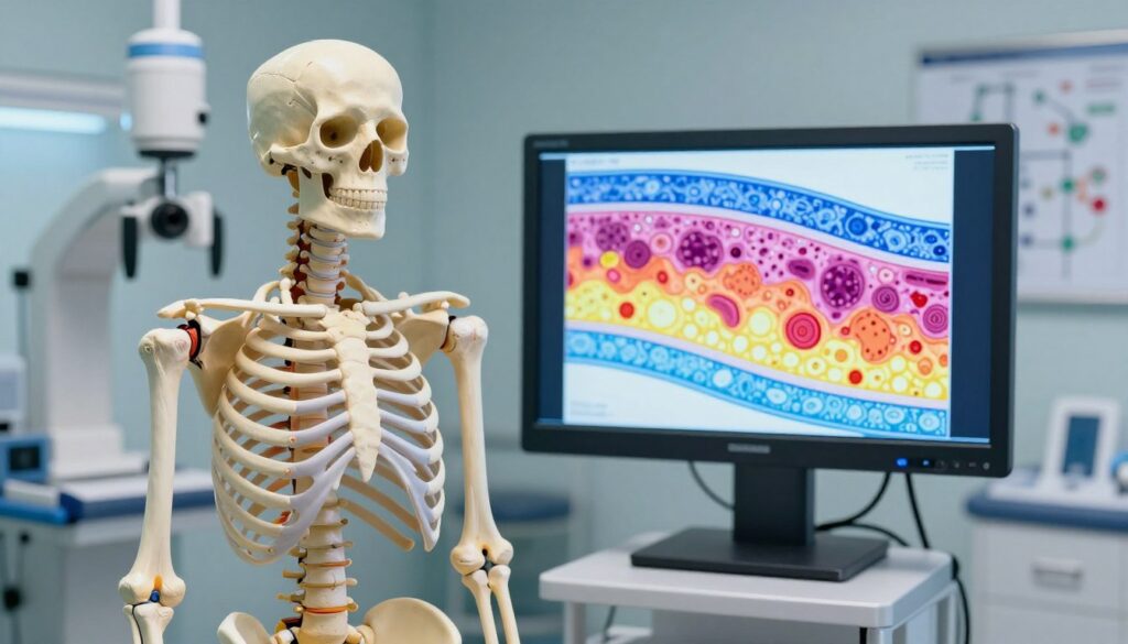 A detailed illustration of bone density in a clinical setting, featuring an anatomical model of a human skeleton in the foreground, showcasing areas of varied density with a color gradient. In the middle ground, a digital display shows a vivid cross-section of bone tissue, highlighting contrasting regions of healthy and weakened bones in brilliant colors. The background should depict a well-lit medical examination room with equipment like X-ray machines and charts on the walls. The lighting is soft and clinical, creating a sterile atmosphere. The image conveys a sense of professionalism and scientific inquiry, emphasizing the importance of understanding bone density in relation to osteoporosis risk factors.