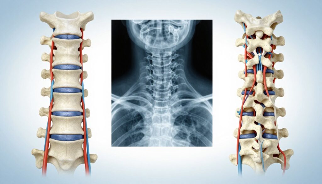 A detailed illustration of the cervical spine (kręgosłupa szyjnego), showcasing its complex anatomy. In the foreground, a realistic and labeled medical diagram of the cervical vertebrae, highlighting the different sections and key features like intervertebral discs and nerve roots. In the middle, an X-ray image depicting a healthy cervical spine, with clear visibility of the vertebrae's alignment and spacing. The background should be a subtle gradient, conveying a clinical and professional atmosphere, possibly with soft blue and white tones to symbolize medical precision. The lighting should be bright, emphasizing clarity, with a focus on the vertebrae to suggest a diagnostic context, suitable for a medical audience.