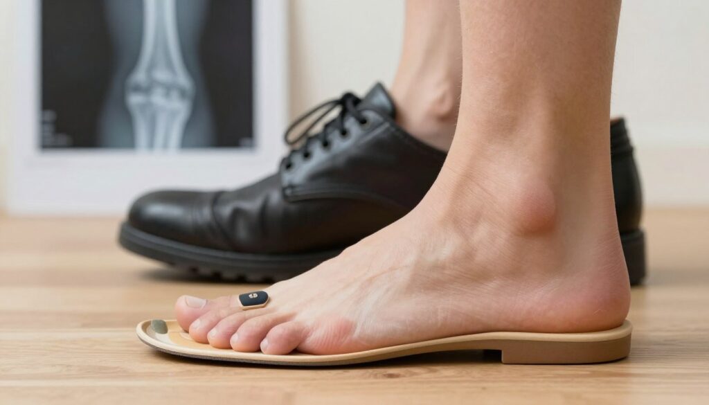 A detailed image of orthopedic shoe inserts designed to alleviate heel spur discomfort. In the foreground, showcase a realistic pair of foot orthotics on a wooden surface, highlighting textures and structural features, such as cushioning and arch support. The middle ground features a pair of professional shoes that accommodate these inserts, emphasizing comfort and utility. In the background, softly blurred medical imagery of an X-ray highlighting a heel spur, subtly indicating the condition. The lighting is warm and inviting, simulating a clinical environment, with a focus on the orthotic and shoe details. Capture a sense of care and support, portraying the importance of proper footwear in daily life for those with foot conditions. The overall composition should be clear and informative, promoting an understanding of orthopedic aids.