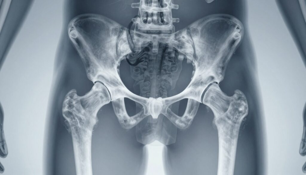 A detailed medical X-ray image of a healthy human hip joint, showcasing the anatomy of the femur and pelvis with clarity. The foreground features a bright, crisp rendering of the hip joint, highlighting the smooth bone structure and proper joint alignment. The middle ground should include the surrounding skeletal area, maintaining anatomical accuracy with a focus on the hip socket. The background is a soft gradient, emphasizing the X-ray effect. Use soft, even lighting to avoid harsh shadows, and ensure the perspective is straight-on to capture all relevant details. The atmosphere is clinical, informative, and professional, reflecting the medical context of the image without any text or distractions.