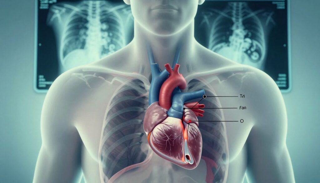 A detailed medical illustration highlighting the risks associated with a ruptured thoracic aortic aneurysm. In the foreground, depict a human chest with a focus on the heart and aorta, with clear annotations showing the aneurysm's location. The middle background should feature a digital representation of an X-ray image displaying an enlarged aorta, contrasting with the anatomical depiction. Use a cool, clinical color palette with blue and green tones to convey a sense of health and urgency. The lighting should be soft but focused, emphasizing the anatomical details, while a gradient background represents a medical environment. The overall mood is informative and serious, capturing the critical nature of the subject matter, aimed at a professional audience.