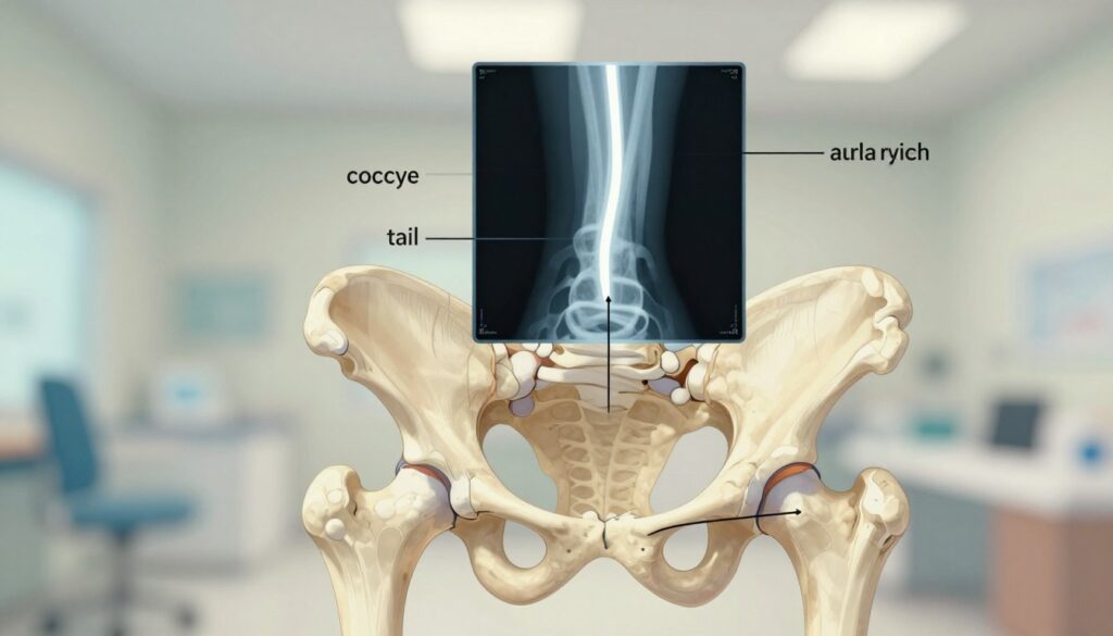 A detailed medical illustration of a human tailbone (coccyx) bone structure, prominently displayed in the foreground, showcasing the anatomy with labels for clarity. The middle section features an X-ray image of a fractured coccyx, highlighting the fracture line in bright contrast. The background is a soft-focus medical environment with muted colors and diffused lighting, creating a clinical yet approachable atmosphere. The perspective should be slightly angled to emphasize both the anatomical detail and the X-ray image. The overall mood is informative and professional, suitable for medical publication. Ensure no text or captions are present in the image.