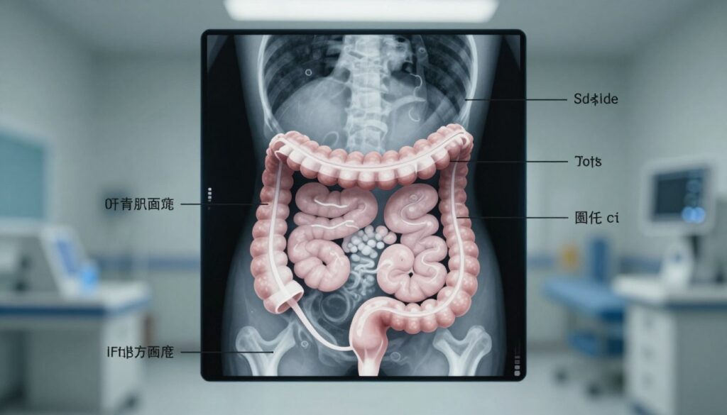 A detailed medical illustration of an abdominal X-ray showcasing the symptoms of bowel obstruction. In the foreground, display a clear and focused X-ray image of a human abdomen, highlighting areas of distended loops of bowel and accumulated gas. In the middle ground, include anatomical labels for areas of concern, such as the small intestine and colon, in a professional style. The background should feature a muted, sterile hospital setting with subtle lighting to enhance the seriousness of the topic. The overall mood should be clinical and informative, with a strong emphasis on clarity and detail to aid interpretation of the radiological image. The angle should be a straight, frontal view to provide a direct perspective for analysis.