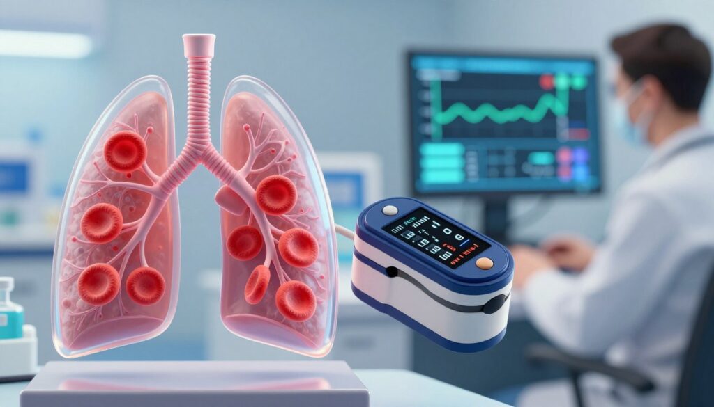 A detailed medical illustration of blood oxygen saturation levels represented through a dual-pane design. In the foreground, a transparent human lung model highlighted in vibrant colors, showcasing the interaction of oxygen molecules with red blood cells. The middle section features a close-up of a pulse oximeter displaying numerical values, symbolizing normal and reduced oxygen saturation rates. In the background, a subtle representation of a healthcare professional, dressed in professional attire, analyzing data on a monitor reflecting trends associated with COVID-19 infections. Use soft, clinical lighting to create a sterile, informative atmosphere, with a focus on clarity and detail. The image should evoke a sense of scientific accuracy and urgency.