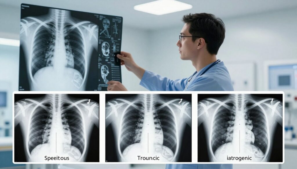 A detailed medical illustration showcasing the differences in types of pneumothorax in the chest cavity. The foreground features three distinct chest X-ray panels, each highlighting a specific type: spontaneous pneumothorax, traumatic pneumothorax, and iatrogenic pneumothorax. Each panel is bright and clear, with annotations indicating key characteristics. In the middle ground, a realistic human silhouette, dressed in professional healthcare attire, observes the X-ray images closely. The background displays a soft-focus hospital environment, with subtle light hints reflecting a clinical atmosphere. The lighting is bright but balanced, emphasizing the anatomical details without harsh shadows. The mood is informative and serious, aimed at educating viewers on these medical conditions.