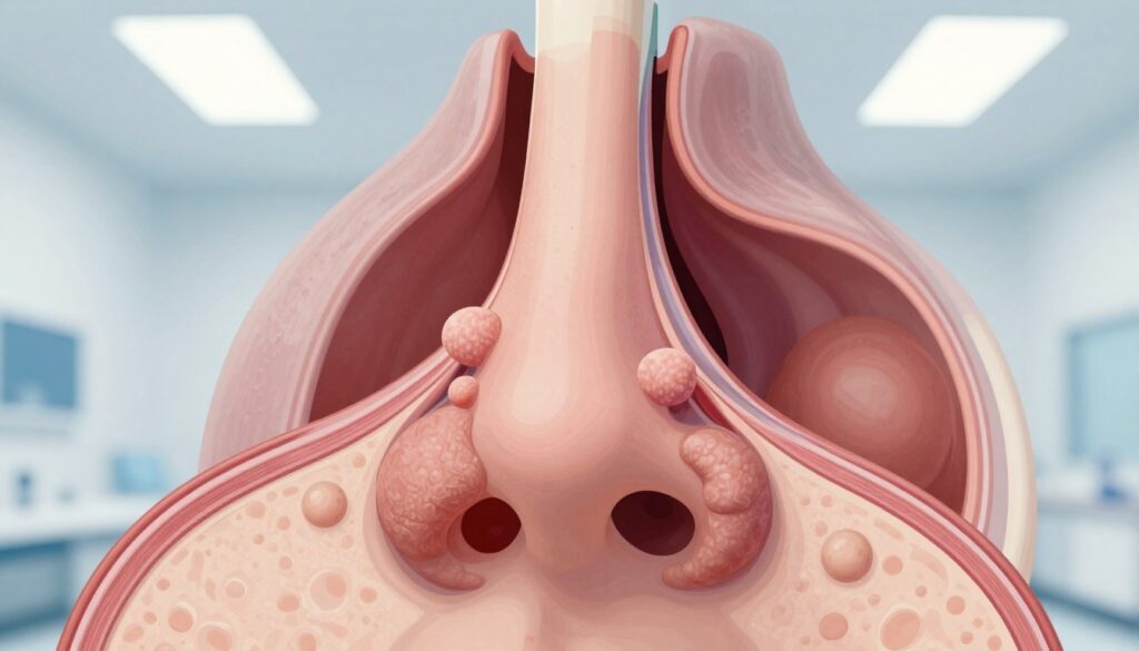 A detailed medical illustration showing nasal polyps within the sinus cavities. In the foreground, showcase a close-up view of a cross-section of human sinuses, highlighting the growths of polyps in a realistic manner with soft textures. Use a bright, clinical lighting atmosphere, simulating the effect of fluorescent lights typical in medical imaging rooms. The middle ground should include the anatomical structures of the sinuses, such as the nasal septum and surrounding tissues, depicted with a focus on clarity and accuracy. In the background, a subtle gradient of soft blues and whites, representing the sterile environment of a medical examination, creates a calming yet professional mood. The image should evoke a sense of education and precision in medical imaging.