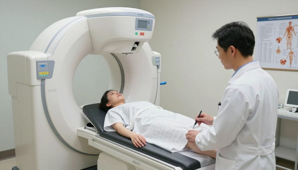 A detailed medical imaging room featuring an RTG (X-ray) machine focused on the pelvic area. In the foreground, the machine is prominently displayed, with a professional clinician in a white lab coat adjusting controls, representing a calm and efficient diagnostic process. The middle ground includes a patient lying on the examination table, dressed in a modest hospital gown, looking relaxed. The background showcases medical charts and anatomical diagrams on the walls, softly illuminated by overhead lighting that creates a sterile yet welcoming atmosphere. The overall mood is clinical and informative, emphasizing the professionalism of the diagnostic procedure with a clear focus on patient care and technological precision.