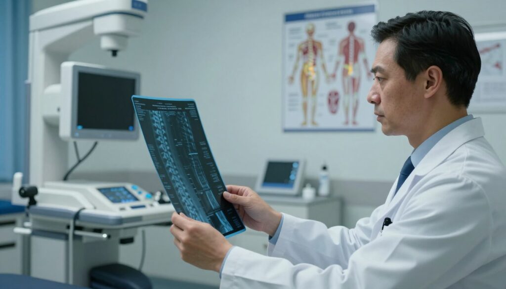 A detailed medical scene depicting spinal diagnostics in a clinical setting. In the foreground, a doctor in a white lab coat, analyzing an X-ray image of the spine on a backlit display, with a focused expression. The middle ground showcases a modern examination room equipped with medical imaging technology, such as an X-ray machine and diagnostic tools. The background features anatomical charts of the human spine, reflecting various pathologies and highlighting bone density issues. Soft, indirect lighting illuminates the room, creating a calm and professional atmosphere. The angle is slightly tilted to give depth, suggesting a thorough examination process. The overall mood is serious and informative, emphasizing the importance of differential diagnostics in assessing bone changes.