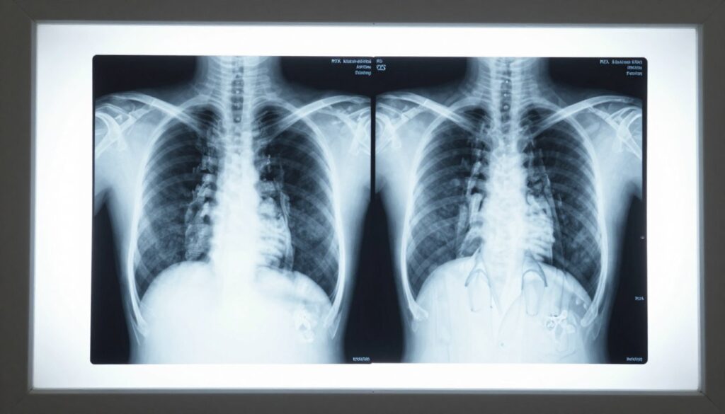 A detailed radiographic image of a chest X-ray (RTG klatki piersiowej), prominently displaying clear images of lungs, heart, and ribcage. The foreground features an X-ray film viewed against a light box, ensuring the bones and tissues are distinctly visible, emphasizing the importance of clarity for medical evaluation. The middle section incorporates a professional, well-lit medical environment, with a doctor in a lab coat examining the X-ray on an illuminated screen, symbolizing the diagnostic process. The background shows medical equipment and charts, adding context to the healthcare setting. The lighting is bright yet soft, creating a clean and professional atmosphere that conveys trust and expertise, while ensuring there are no text or watermarks present in the image.