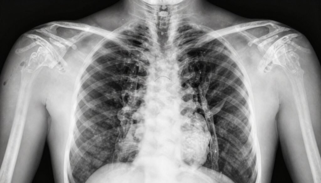 A detailed radiographic image of a human chest (chest X-ray) showcasing clear and defined anatomical features. In the foreground, focus on the heart and lungs, highlighting the thoracic cavity with precise contrast to reveal subtle variations in shading and texture. The middle layer should include the ribs and diaphragm, ensuring a clear depiction of the skeletal structure. In the background, the soft tissue should provide a subtle backdrop, maintaining a clinical yet informative atmosphere. Use soft, even lighting to enhance clarity and avoid harsh shadows, simulating a professional medical setting. The perspective should be a straight-on view to emphasize symmetry. Aim for a realistic and educational tone, suitable for a medical audience, ensuring no extraneous elements are present in the frame.
