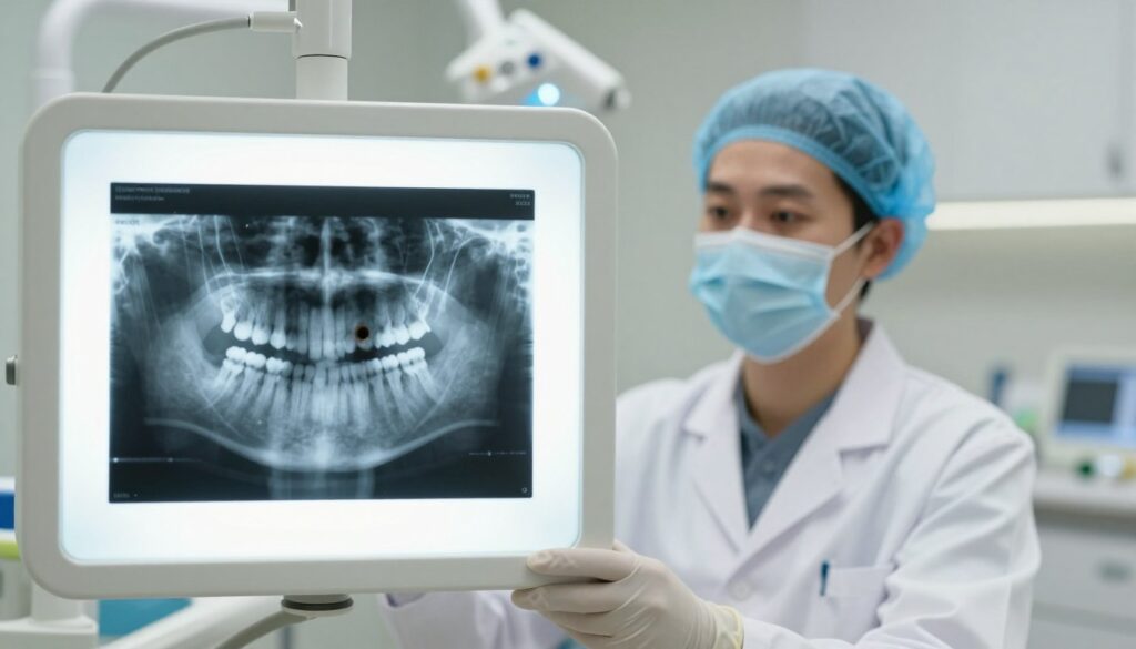 A detailed radiological view of a tooth in a clinic setting, showcasing a dental X-ray on a lightbox that highlights a dark spot indicating potential issues. In the foreground, the X-ray is prominently displayed with a close-up of the tooth, emphasizing the dark anomaly against a crisp white backdrop. In the middle, a professional dental technician examines the X-ray, dressed in a white lab coat and surgical gloves, focusing intently on the image. The background features a well-lit dental office with sterile equipment, adding to the clinical atmosphere. Soft, natural lighting enhances the scene, conveying a mood of professionalism and care in dental diagnostics.
