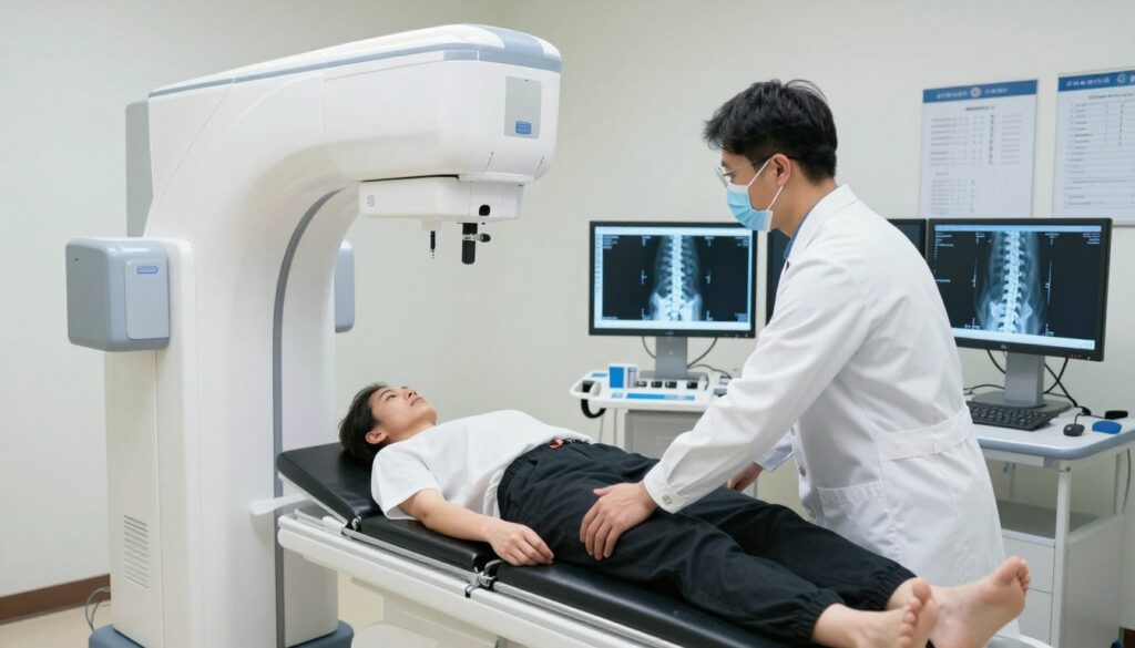 A detailed radiology examination room featuring a modern X-ray machine specifically designed for spinal imaging, emphasizing the intricate workings of the procedure. In the foreground, a professional radiology technician, wearing a clean lab coat and protective gear, carefully positions a patient on the examination table, emphasizing safety and precision. The patient, modestly dressed, appears relaxed and compliant. In the middle ground, an array of advanced imaging monitors displays various spinal X-ray images, showing clear details of the vertebrae and intervertebral discs. The background showcases sterile equipment and medical charts, all under bright, natural lighting that creates a calm and professional atmosphere. The image captures the essence of a supportive healthcare environment, highlighting the importance of radiological diagnostics.