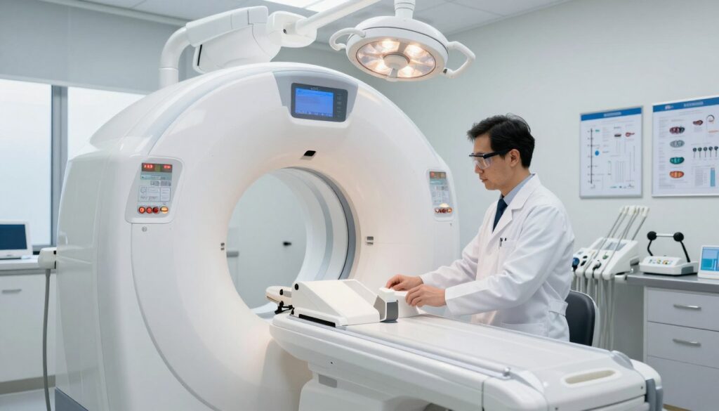 A detailed representation of a dental CBCT (Cone Beam Computed Tomography) machine in a modern dental clinic. In the foreground, a sleek, high-tech CBCT scanner is visible, with soft surgical lights illuminating its white and silver design, emphasizing its advanced technology. In the middle ground, a dentist in professional attire, wearing a lab coat and safety glasses, prepares to operate the machine, demonstrating its clinical application. The background features dental equipment, charts on the wall, and a window with natural light filtering in, creating a clean and professional atmosphere. The overall mood is focused and technologically advanced, portraying the importance of modern imaging techniques in dentistry.