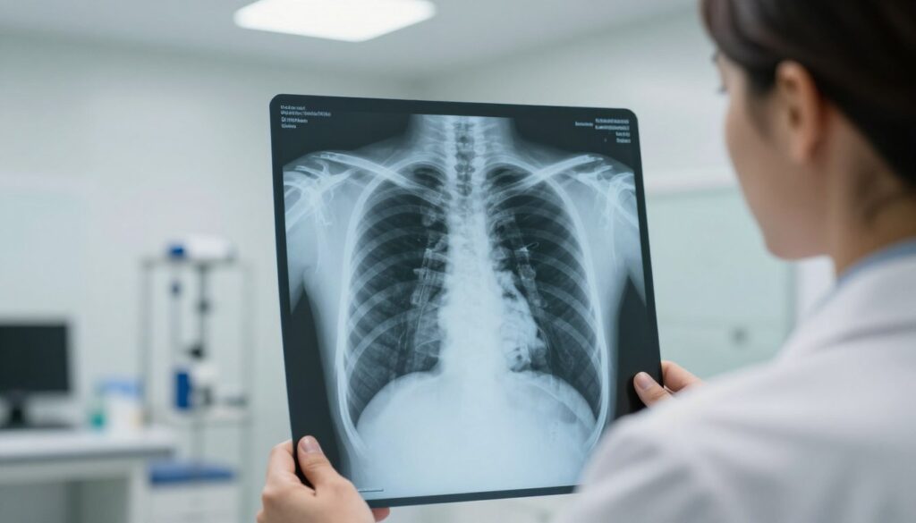 A detailed view of a chest X-ray displayed on a lightbox, with crisp, clear details of the human ribcage and lungs. The X-ray is prominently in focus, showcasing anatomical accuracy and contrast. In the background, a modern medical facility with soft, neutral colors creates a professional atmosphere. The lighting is bright yet soft, emulating an examination room where diagnostic tests are performed, highlighting the seriousness and professionalism of the healthcare environment. A healthcare professional, dressed in a white lab coat, is examining the X-ray thoughtfully, embodying a sense of care and expertise. The overall mood is clinical, informative, and focused on the medical aspect of chest radiography.